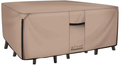 ULTCOVER Rectangular Patio Heavy Duty Table Cover - 600D Tough Canvas Waterproof Outdoor Dining Table and Chairs General Purpose Furniture Cover Size 126L x 74W x 28H inch