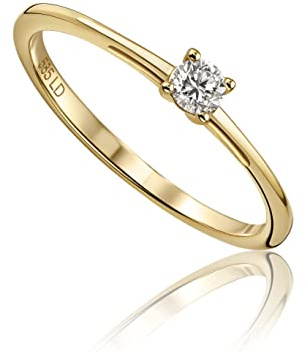 MIORE Anelli Donna, Anello di Fidanzamento con Solitario 4 Griffe in Oro Giallo 14 carati con Diamante da 0,10 Carati, Gioielli Donna Anallergici Fatti a Mano, Consegnato con Portagioielli