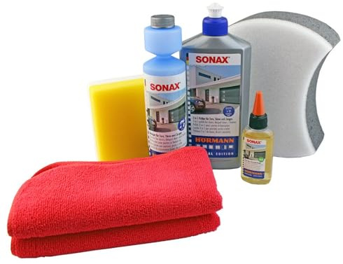 Hörmann SONAX Reinigungs-und Pflegeset 7-teilig (500 ml 2 in 1 Politur, für Tore Türen und Zargen, Öl, Mikrofasertücher, Reiniger, 2X Schwämme) 4020356