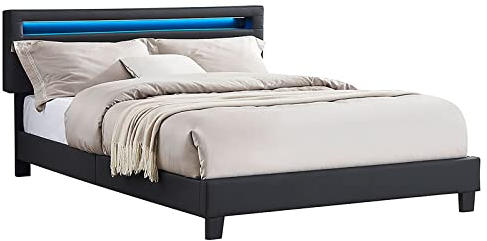 CARO-Möbel Polsterbett Columbus 140x200 cm, Bett Kunstleder in schwarz, mit LED Beleuchtung, Einzelbett im skandinavischen Stil, bequemes gepolstertes Bett, Jugendbett inkl. Lattenrost