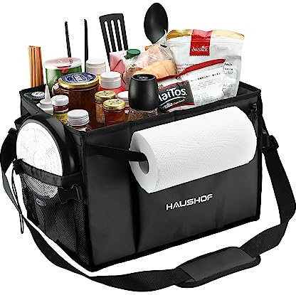 HAUSHOF Large Grill and Picnic Caddy with Paper Towel Holder, Condiment Pocket, Foldable BBQ Organizer Easy Carry Griddle Caddy for Camping, RV, Outdoor Waterproof Oxford Cloth (Black)