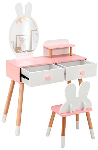 LIFEZEAL Tavolo da toeletta per bambini 2 in 1, specchio di coniglio, parrucchiere per bambini in legno con 2 cassetti e mensola, tavolino con specchio e sgabello per ragazze, tavolo da trucco, sedia