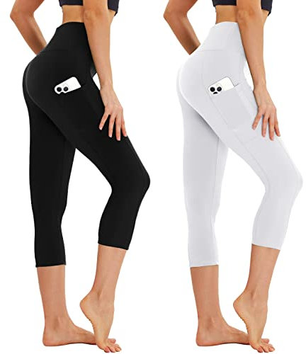 AMIYOYO Capri Leggings Damen mit Taschen 3/4 Sport Leggins High Waist Sporthose Blickdicht Elastisch 7/8 Yoga Hose Fitness Laufen für Outdoor 2er Pack