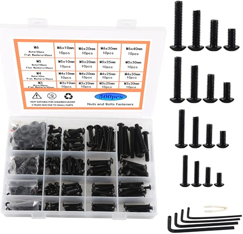 Rshuhx Tornillos hexagonales M3, M4, M5, M6, acero al carbono, negro, tornillos y tuercas, juego de 500 unidades, casquillo hexagonal, cabeza de botón redondo, cabeza alomada con llave inglesa