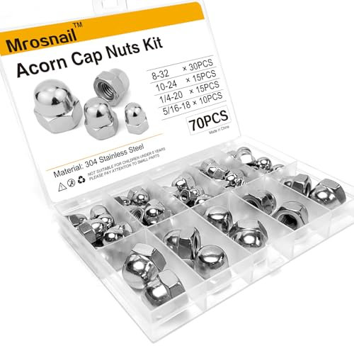 Mrosnail Acorn Nuts Kit - 70PCS, Size 8-32 10-24 1/4-20 5/16-18, 304 Stainless Steel, Metric Hex Cap Nut Assortment, Dome Head for Indoor & Outdoor Use