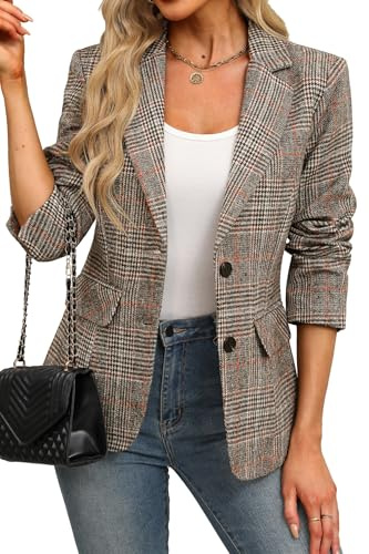 ELLEVEN Women's Lapel Collar Plaid 2 Button Boyfriend Blazer Suit Houndstooth Work Office Blazer Jacket, M