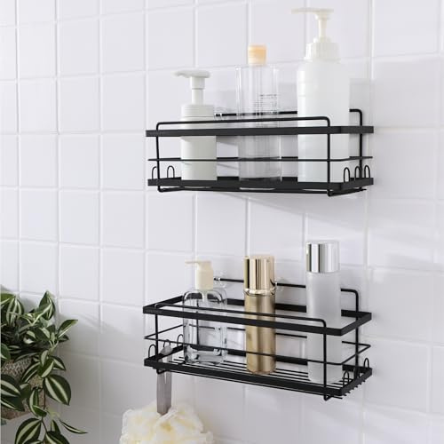 KINCMAX 2er Pack Duschablage ohne Bohren - Duschregal Set mit 2 Größen - 2x Badregal Shampoo Halterung für die Dusche - Shower Shelf Set - Glattes Design - Schwarz