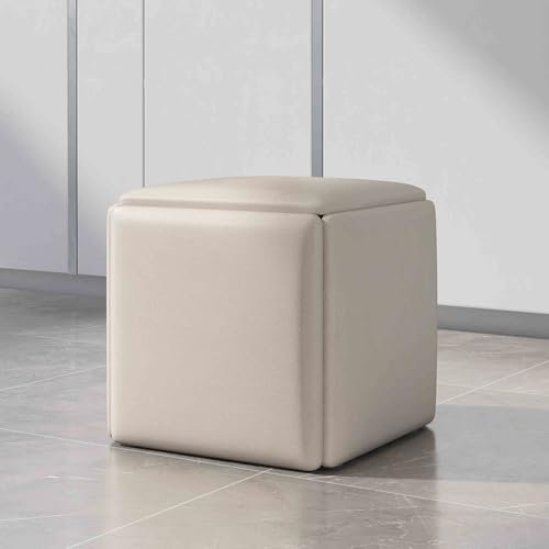 Sgabello Cubo 5 in 1, Sgabelli Impilabili, Panca Pouf Quadrata in Pelle, Sgabelli Pouf Impilabili, Sgabello Poggiapiedi con Ruote per Camera da Letto Soggiorno, Sala da Pranzo, Set di 5 Pouf(Light gra