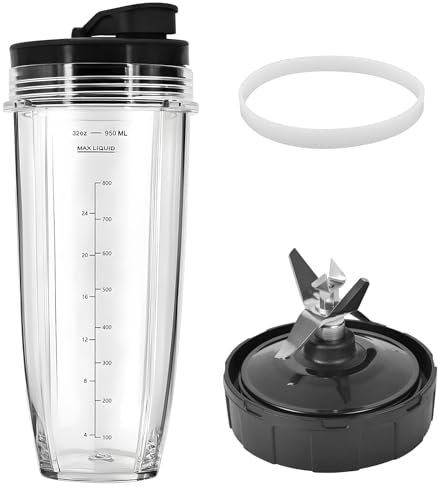 Flip Top to-go Lid and 32OZ Cup and 7 Fins Extractor Blade Replacement Parts Set for Compatible with Nutri Ninja Auto IQ 1000W Blender Accessories Replacement Parts BL482 BL480-30 BL482-30 BL682