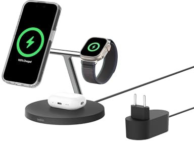 Belkin BoostCharge Cargador Qi2 3 en 1, Estación de Carga Inalámbrica con MagSafe, Base de Carga Qi2 para iPhone 17, Air, Pixelsnap, Apple Watch, AirPods, Fuente de alimentación - Negro