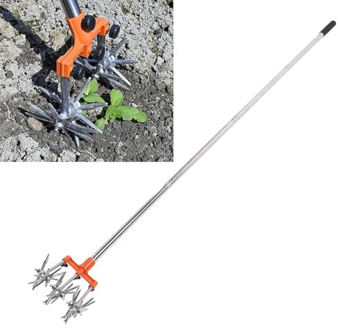 Cultivator Garden Tiller Adjustable Stainless Steel Poles Hand Tiller for Soil Mixing or Reseeding Grass Lawn Tiller Total Length 57 Inch Adjustable Handle