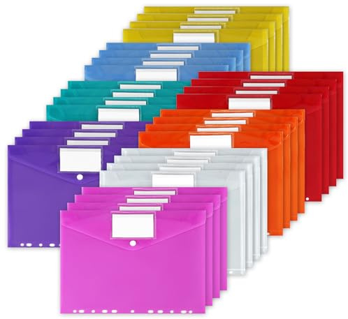 32Pcs Carpetas Plastico A4 con 11 Agujeros y Bolsillo Etiqueta, Carpetas Sobres Portafolios Reutilizable, Fundas Documentos Transparentes Impermeable, Folders Etiquetas Oficina Escuela Hogar 8 Colores