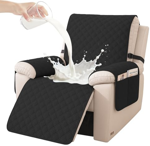 YSTELLAA Fundas Sillon Relax Reclinable 1 Plaza, Negro | Funda Sillo Antimanchas Antideslizante, Fundas para Sillones con Bolsillo Laterales, Mascotas Antiarañazos, Lavables