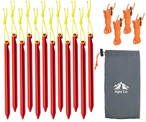 Night Cat 12 Estacas Aluminio para Camping: Piquetas Diseño X Resistentes de 15x1.5x1.5cm para Senderismo con 4 Tensores Naranja de 2m y Bolsa