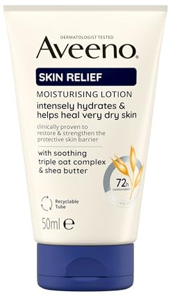 Aveeno Skin Relief Moisturising Lotion, With Soothing Triple Oat Complex & Shea Butter, Suitable For Sensitive Skin, 72-Hour Intense Hydration, Helps Relieve Very Dry and Tight Skin, Unscented, 50ml