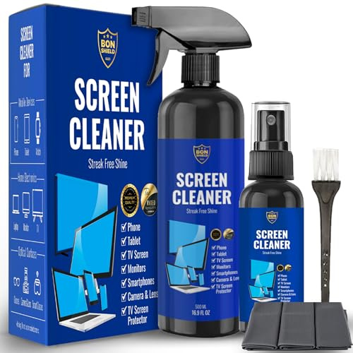 Screen Cleaner PRO Evolution Kit for TV, PC, Laptop, Phone, Camera, Glasses & Monitors – 500ml Daily Spray, 30ml Travel Spray, 3X Terry Cloth Wipe, Brush & Streak-Free Cleaning Formula