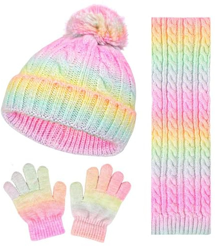 PORUPAEL Hat Scarf and Gloves Set Kids, Winter Bobble Hat Beanie Knit Scarf Gloves Fleece Lined Gifts Set for Boys Girls Toddler Children Outdoor Sports (Pink)