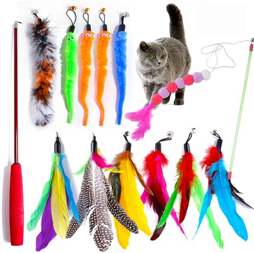 Tacitmeet Lot Jouet Chat Plume12 PCS, Canne à Peche Chat Rétractable, 10 Jouet à Plumes pour Chats de Remplacement avec Cloche, Jeux Chat Appartement, Interactifs pour l'Intérieur Chats et Chatons