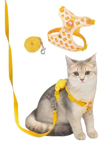 ZWWOGE Arnés para Gato con Patrón de Pato Amarillo con Correa para Gato, Nuevo Arnés y Correa para Gato Antiescape Duradero 2026, Combinación de Collar y Arnés Cómoda para Gatos y Gatitos, Amarillo S