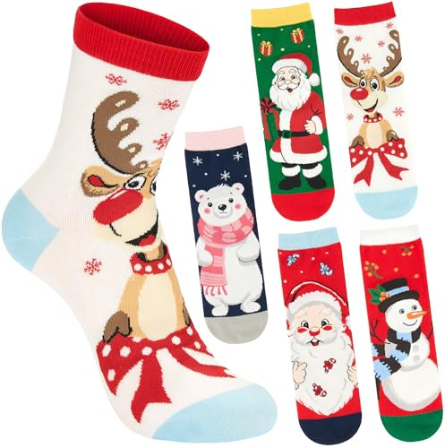 BRUBAKER 5 Par Julsockor för Damer - Santa, Ren och Isbjörn - Roliga Sockor för Julen och Förjulstiden - Färgglatt Sockset - Perfekt Present för Kvinnor - Rosa, Blå, Röd, Vit och Grön - Storlek 30-35