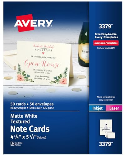 Avery Printable Note Cards, Envelopes Included, 4.25 x 5.5, Textured White, Laser & Inkjet Compatible, 50 Blank Cards Total, Great for Product Branding, Marketing, and More (3379)