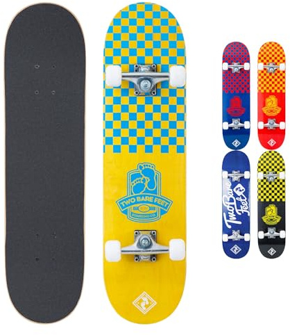 Two Bare Feet Kids Skateboard 31 x 8 inches Complete Double Kick for Beginners, Multiple Designs (Checkmate Yellow/Blue)