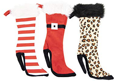 PLUSHIBLE BRIDGING MILES WITH SMILES High Heeled Christmas Stocking | Santa, Leopard, Candy Cane Striped | Soft and Sturdy | Perfectly Holds a Bottle of Wine | Festive Decor - Pack of 3