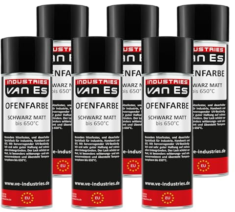 VE-INDUSTRIES Thermolack 6X 400ml Spray Ofenlack Auspufflack Hitzebeständiger Lack 650°C Ofenfarbe Schwarz matt
