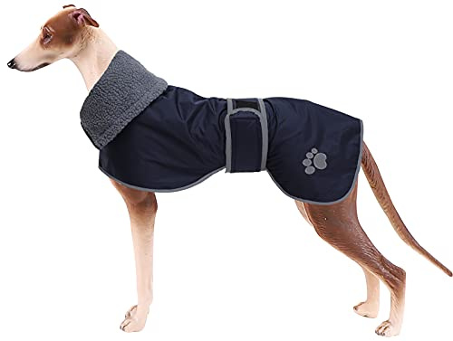 Geyecete - Winter Warm Waterproof Greyhound Coat with Fleece Lining, Dog Jacket with Harness Hole and Adjustable Bands, for Medium and Large Greyhound Dog-Navy Blue-L