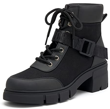 REDTOP Women's Combat Boots Chunky Lug Sole Ankle Boots Lace Up Buckle Casual Shoes Black