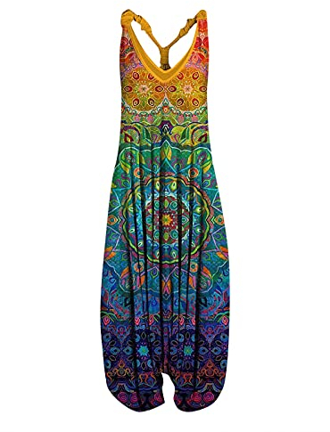 Dam jumpsuit sommar bohemisk lös ärmlös retro sommar dam casual ett stycke, blå,XL
