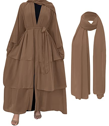 OBEEII Damen Muslim Roben Einfarbig Lose Muslimisches Kleid mit Hijab Islamische Gebetskleidung Lange Strickjacke Türkische Robe Strickjacke für Ethnische Braut Party Braun M