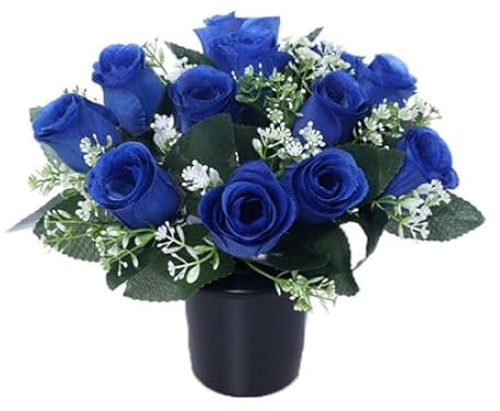 Mr. Barry's artificial grave flower pot with foam insert | realistic funeral flowers | cemetery & memorial floral decorations for graveside use | blue roses