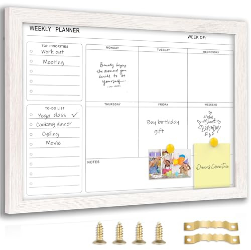 Marribol White Board Weekly Calendar Dry Erase Planner for Wall-16X12,White Solid Wood Frame,Minimal/Modern Design, Magnetic Whiteboard Planner for to Do List, Memo, School, Home, Office, Kitchen