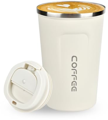 Lychico Coffee Travel Mug, 380ml Insulated Coffee Cup with Leakproof Lid, Reusable Stainless Steel Double Wall Vacuum Thermaol Mug/to Go Cups for Hot Cold Drinks, White