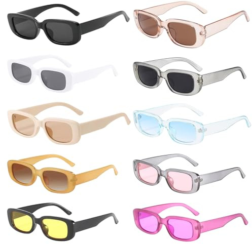 BouGPeng 10 Piezas Gafas de Sol Rectangulares coloridas Moda Vintage Marco Cuadrado Gafas Protección UV400 Gafas de Party Retro para Mujeres Hombres para niños y adultos