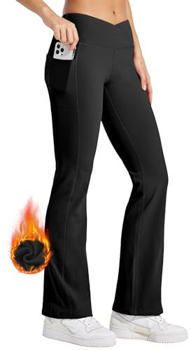WILLIT Termofodrade byxor för kvinnor, yogabyxor, bootcut, fleeceleggings, vintervarma byxor, flare, leggings, slagbyxor, vattentäta, hög midja med fickor