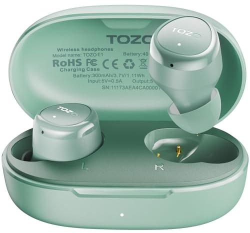 TOZO E1 trådlösa öronsnäckor inbyggd mikrofon tydliga samtal ergonomisk lättvikt Bluetooth 5.3 i hörlurar IPX6 vattentät Premium Stereo Sound Headset 30H speltid med 32 EQs via APP, grön