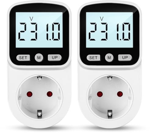 2 Stück Stromzähler für Steckdose 8 Modi Steckdose Energiekostenmessgerät mit LCD Hintergrundbeleuchtung, KWH Watt Strommessgerät Stromzähler Überlastungswarnung 3680W