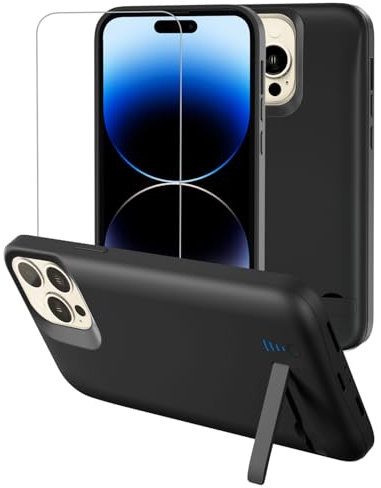 Gladgogo Akku Hülle für iPhone 14 Pro Max (8500 mAh, 6,7Zoll), Ultra-schlanke Akkuhülle Wiederaufladbar Batterie mit Faltbarer Handyhalter und Schutzfolie, Tragbares Batterieladegerät Hülle, Schwarz