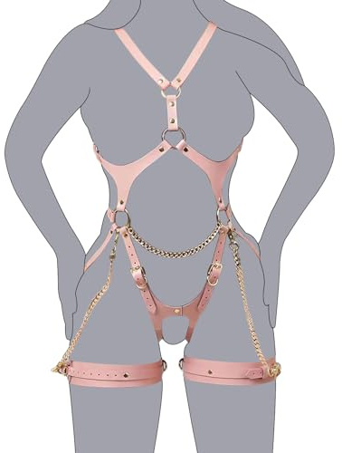 Moinha Adjustable Women's Sexy Bondage Set Women Strap Body Chest Straps Fetish Erotic Lingerie SM Restraints Chest Harness with Chain Garter Belt Rave Outfit Cosplay Costume (Pink)