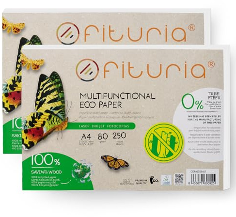 Papel Reciclado A4 de 80gr, 500 Folios 100% Fabricado Reciclado, Paquete de Papel de Hojas DIN A4, Color Natural Apto para Impresora Laser e Inkjet - Ofituria (500 hojas)