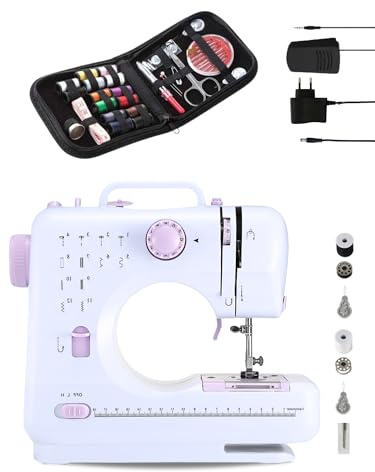 Macchina da Cucire Portatile con 2 Velocità e 12 Punti Mini Macchina da Cucire con Kit Incluso Pedale 2 Bobine Ago di Ricambio Tagliafilo e Luce da Lavoro con Cavo o 4 Batterie AA (Non Inclusa)