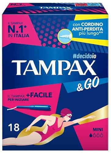 Tampax & Go Mini 18 serviettes hygiéniques avec applicateur en plastique avec poignée antidérapante et double cordon de protection. Idéal pour les flux légers et les premiers jours de la menstruation