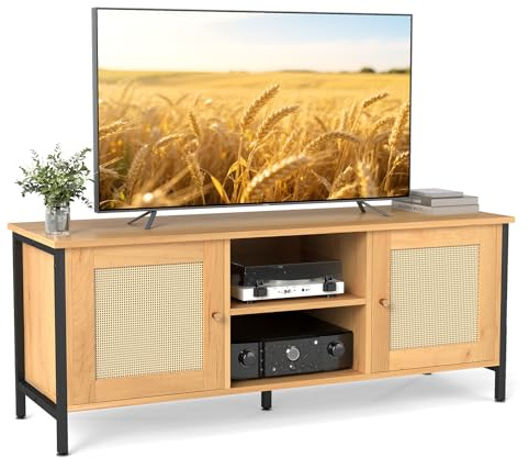 COSTWAY TV Stand Cabinet for 55 Inch TVs, Wooden Media Entertainment Center with Rattan Effect Doors and Storage Shelves, 5 Metal Legs TV Unit Console Table for Living Room Bedroom (Natural+Black)