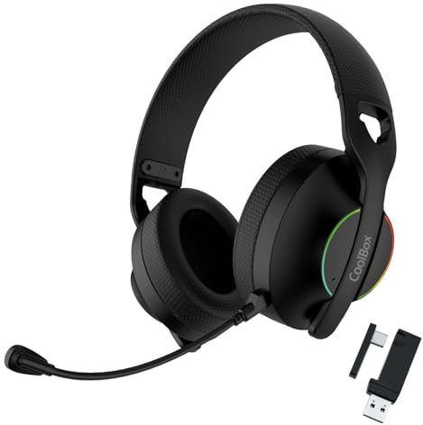 CoolBox WB01 Cascos Gaming Inalambricos con Micrófono Extraíble para PS5, PS4, Switch, PC. Conexión Inalámbrica 2.4GHz con Adaptador USB y Bluetooth 5.4, 20h de Autonomía, Carga USB-C en 2h. Negro