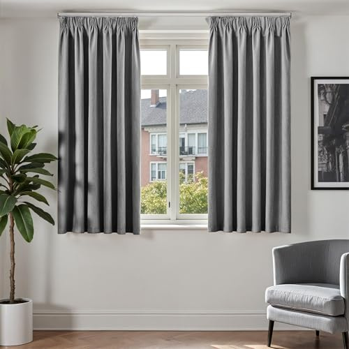 TOPICK Gardiner med veckband vardagsrum sovrum grå gardiner 100 % ogenomskinliga mörkläggningsgardiner, termisk gardin, kort kök, moderna mörkläggningsgardiner, set om 2, H 145 x B 140 cm