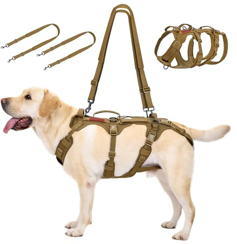 OneTigris Pettorina per cani Taglia Grande, Imbracatura di Sollevamento/Trasporto per Cani con 5 Ganci in Metallo, Con 3 Maniglie e 2 Spallacci Regolabili (Cachi, XL)