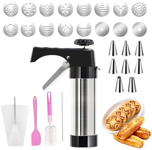 Rosedreamer 2025 - Prensa de repostería para repostería de acero inoxidable, jeringa de pastelería con 16 plantillas y 8 boquillas, jeringa de masa, prensa de galletas, pastelería profesional, máquina