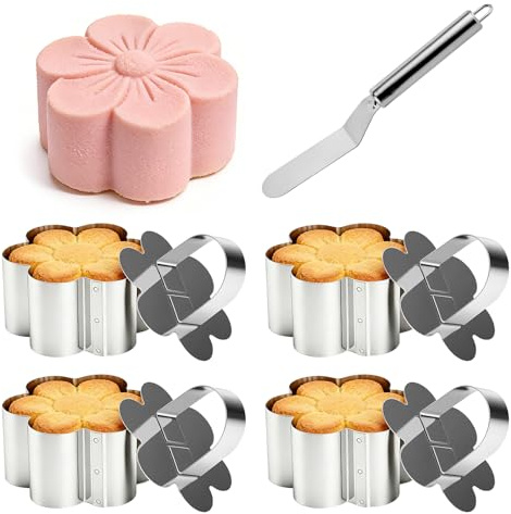 Liuliushun 4 stycken tårtringar, dessertringar, serveringsringar i rostfritt stål, matdekorationer, bakringar med lock, för dessert mousse kaka bakverk baktillbehör, med skrapa (blomform, 8 x 8 x 4 cm